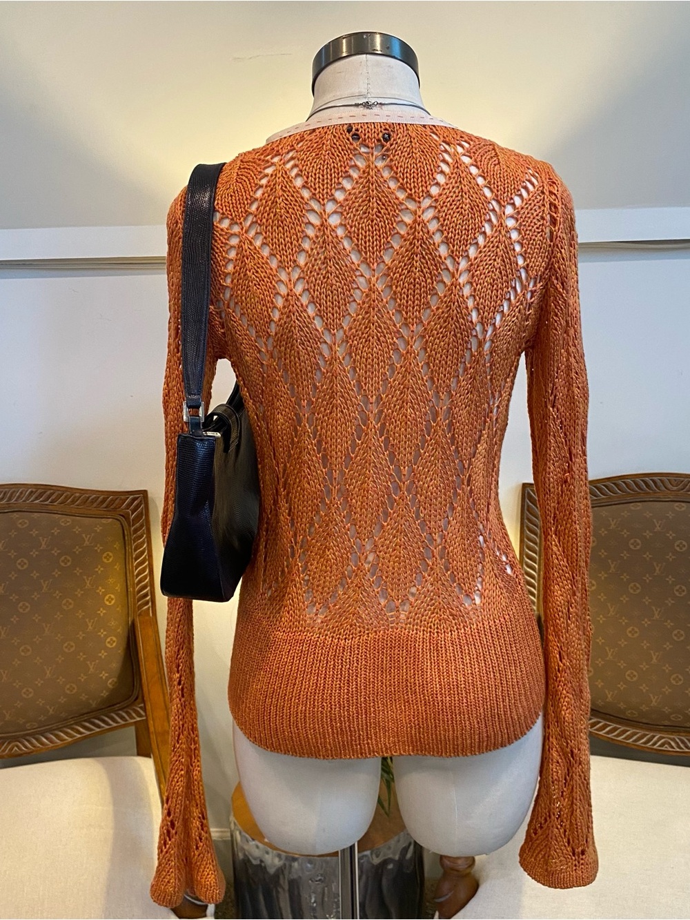 CAbi Vintage Rust Orange Open-Knit Women's Cardigan Bell Sleeves, Style 599 - Picture 2 of 4